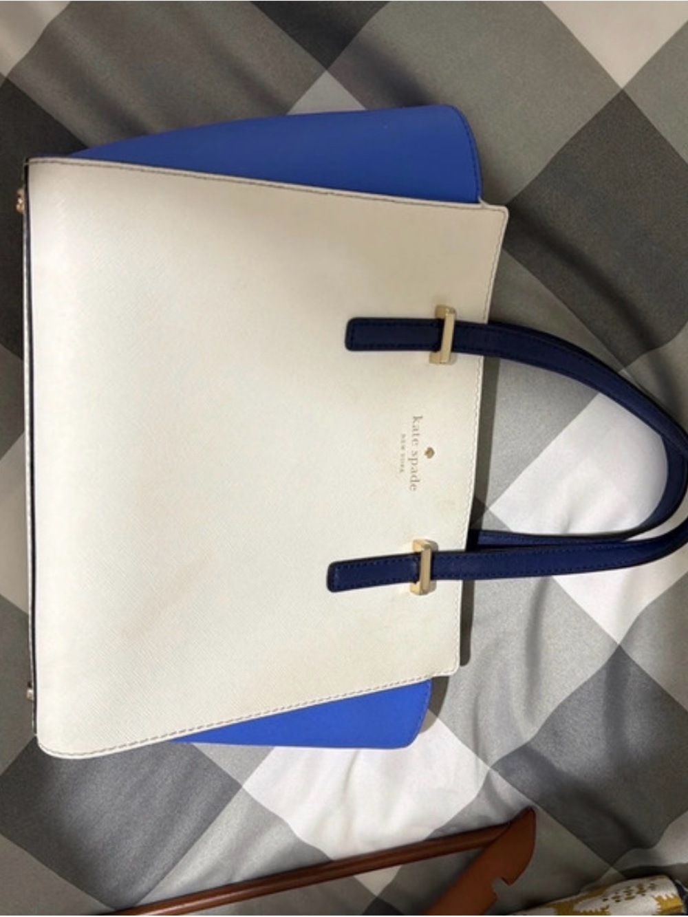 kate spade White and Blue Leather Tote with Navy Handles